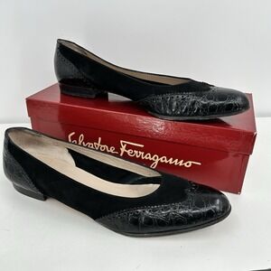 Vintage Salvatore Ferragamo Spectator Black Suede Croc Flats Size 11 4A Luxury